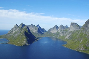 Rough mountains with fjord Kjerkfjorden Moskenesoya Lofoten Norway