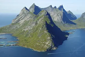 Rough mountains with fjord Kjerkfjorden Moskenesoya Lofoten Norway