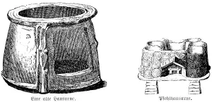 Round house urn and pile dwelling urn in the shape of the houses of the time in front of Christ, crude pottery as a utilitarian object or burial object, archaeological excavations, history of mankind, Italy, Albania, historical illustration 1880