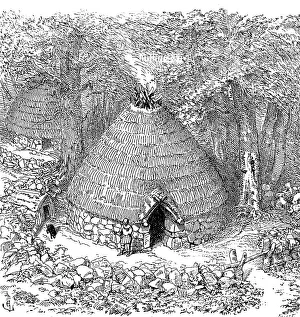 Round hut of the Pelasgians, an ancient people of ancient Greece, 8th century BC, stone wall, thatched or grass roof, protective wall against wild animals, fire with smoke outlet, guard, dog, access with barrier, forest edge, history of mankind