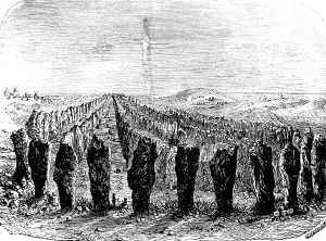 Row of stones near Carnac, Brittany, line-up of menhirs or megaliths from prehistory and early history, history of prehistoric mankind, France, historical illustration 1880, Europe