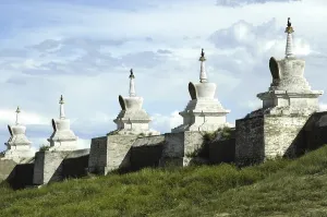Row of towers stupas in wall of Buddhist monastery Erdene Zuu