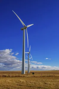 A row of wind turbines near McBride Lake in southern Alberta