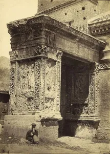 Ruin of the Arch of the Moneychangers in Rome in 1875