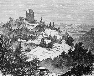 Ruins of the Kyffhausen Imperial Castle in the Kyffhaeuser nature park Park, low mountain range, fir trees, travel, Thuringia, Germany, historical illustration 1885, Europe