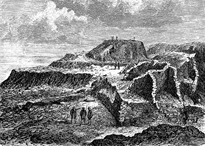 Ruins of the palace hill Hisarlik Tepe, landscape Troas, province Canakkale, presumed site of Troy or Troia, UNESCO World Heritage Site, people, Heinrich Schliemann, history of mankind, Turkey, historical illustration 1880, Asia