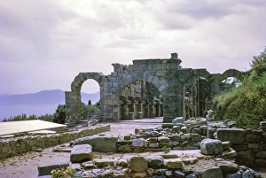 Ruins of Roman Basilica or Gymnasium building at archaeological park Tindari, Sicily, Italy, Europe 1969, Europe