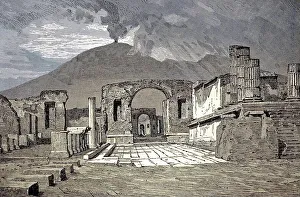 Ruins of the Roman city of Pompeii and the volcano Vesuvius