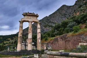 Ruins of Tholos of ancient Greek goddess Athena Pronaia in Delphi