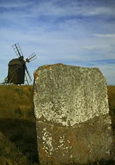 Runestone and windmill, Island Oland, Sweden