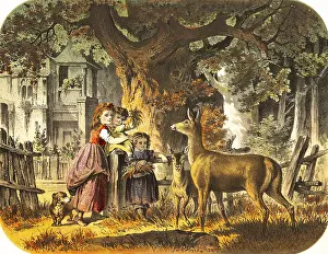 Rural scene with three children and friendly deer
