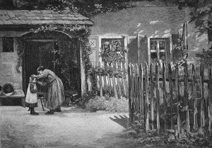 Rural toilet, mother cleaning her child in the garden of the farm