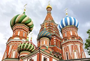 Russian ancient architecture. Domes of Saint Basil's (Pokrovsky) Cathedral on Red Square in Moscow