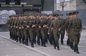 Russian soldiers marching at an army barracks in Frankfurt Oder