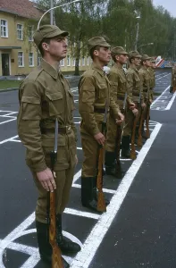 Russian soldiers standing shoulder arms