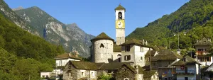 Rustic mountain village of Lavertezza with stone houses and church -Val Verzasca