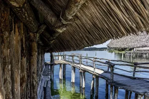 Rustic wooden path under a thatched roof with a view of the water