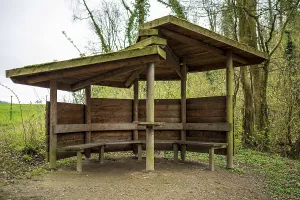 A rustic wooden shelter in the forest with benches