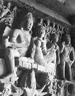 s culpture of Ravana shaking Kailash at Ellora caves, Aurangabad, Maharas htra, India 1940's