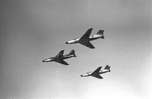 Saab 32 Lansen.Three Swedish two-seat fighter plane manufactured by Saab in the air, belonging to the F6 air flotilla in Karlsborg in 1958. Roland Palm ref 12-15-20