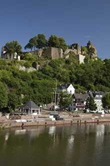 Saar shore with pier and above the Saarburg castle ruins