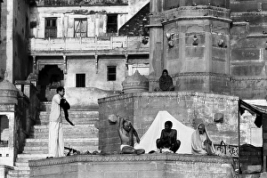 Sadhus praying on Ghats of river Ganges Varanasi Uttar Pradesh India Asia 1982