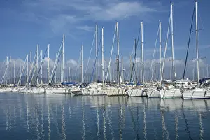 Sailboats on row in Alghero marina