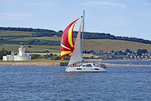 A sailing boat with a coloured sail sails near a lighthouse in front of a green landscape