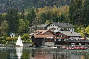 Category Mountain Landscapes Prints: Sailing boat, lakeside cafe, inn