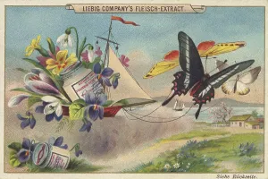 Sailing ship with spring flowers and butterflies