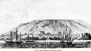 Sailing ships off the island Isla Islabela or Albemarle of the Galapagos Archipelago, landscape, Pacific, travelling, Ecuador, historical illustration 18888, South America