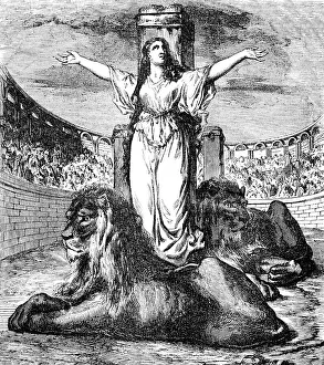 Saint Blandina or Blandine in the arena with lions