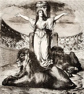 Saint Blandina or Blandine in the arena with lions