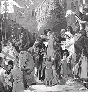 Saint Elisabeth of Thuringia, taking leave of her man who is leaving for the Crusades