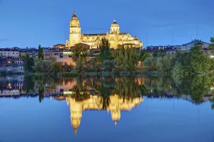 Salamanca Cathedral with the Tormes River in Spain at night