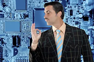 Salesperson man from electronics business with hand ok gesture hand