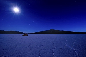 Category Mountain Landscapes Prints: Salt lake with a tent in the moonlight
