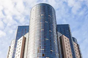 SAMARA, RUSSIA - APRIL 11, 2015: Detail of modern tall apartment building against blue sky background