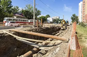 Samara, Russia - September 03, 2017: Repair work of heating duct
