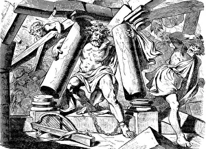Samson breaks the pillars and dies with the princes and the people