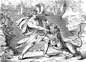 Samson fighting with the lion, vineyards in Thimnath