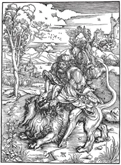 Samson fighting the lion, woodcut by Albrecht Duerer