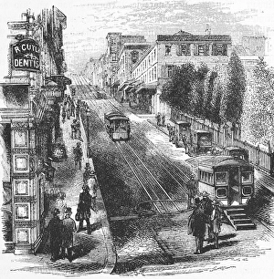 The San Francisco Cable Cars, the famous cable tram in San Francisco, steep street, horse-drawn carriages, buildings on both sides, pedestrians, travelling, USA, historical illustration 18888, North America