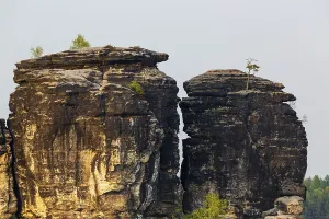 Sandstone formations in late light at the Bastei rocks near the village of Rathen in Saxon Switzerland National Park