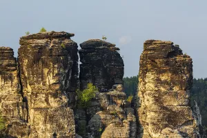 Sandstone formations in late light at the Bastei rocks near the village of Rathen in Saxon Switzerland National Park