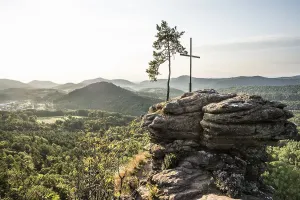Sandstone rock with pine tree and summit cross
