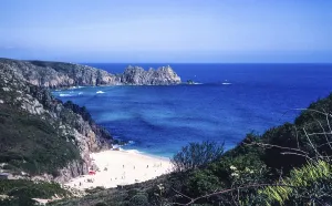 Sandy bay on Porthcurno beach, Cornwall, England, UK 1982