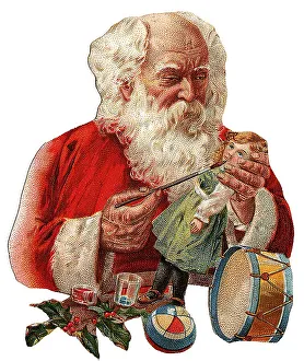 Santa Claus painting a doll, toys