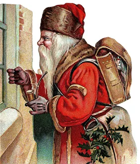 Santa Claus with pipe and bag full of gifts at the window