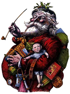 Santa Claus with pipe and toys